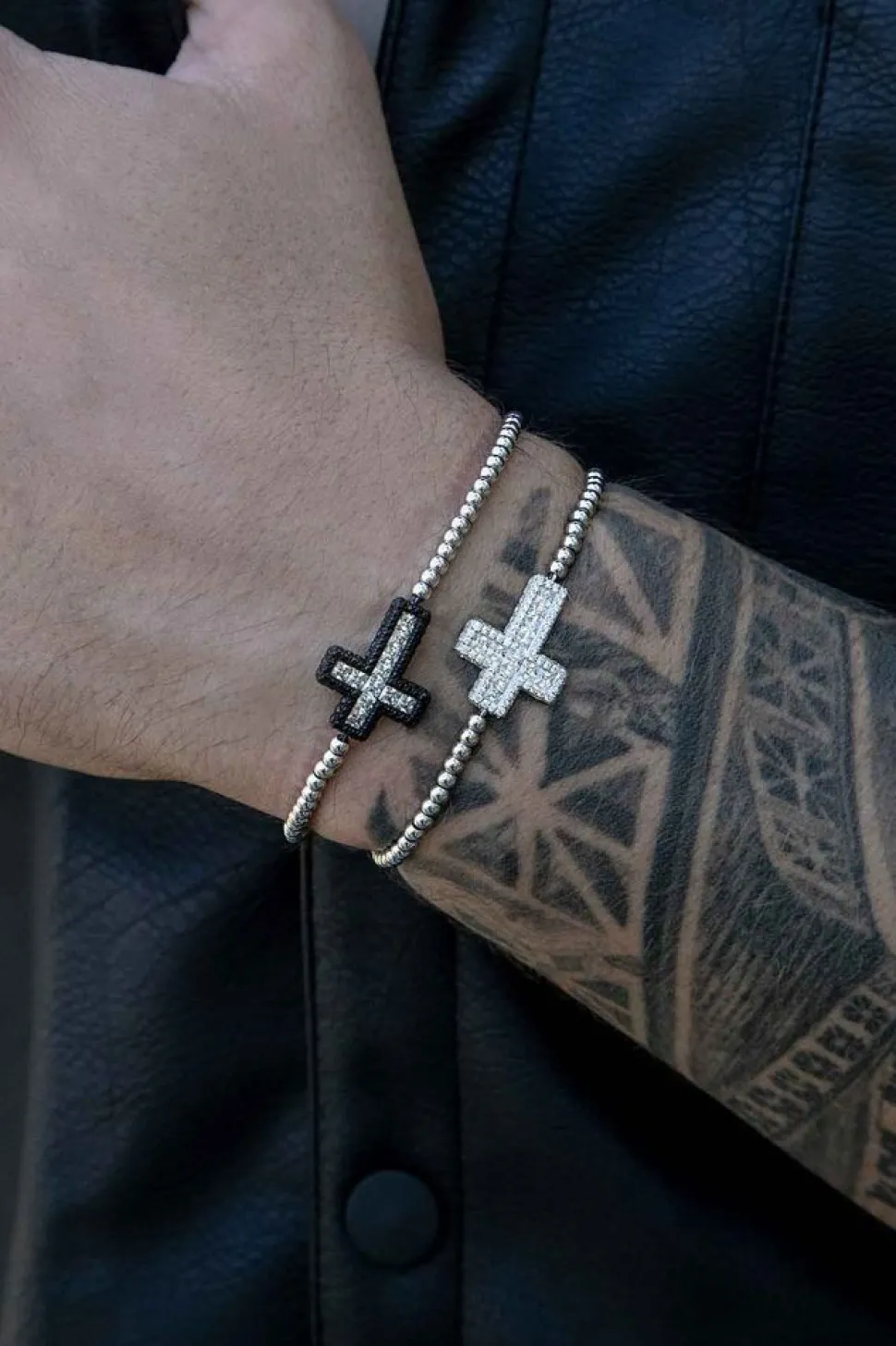 APM Monaco Black Cross Bracelet With Beads- Bracelets