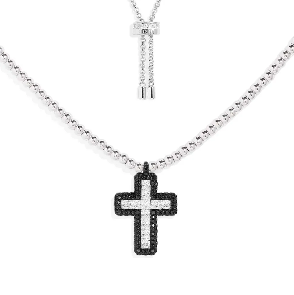APM Monaco Black Pave Cross Adjustable Necklace With Beads- Necklaces