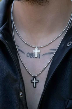 APM Monaco Black Pave Cross Adjustable Necklace With Beads- Necklaces