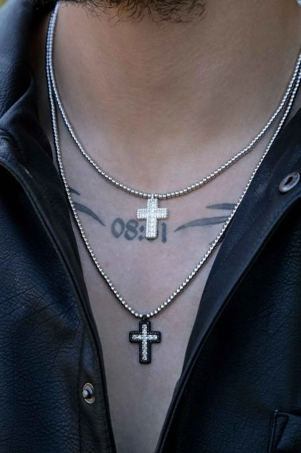 APM Monaco Black Pave Cross Adjustable Necklace With Beads- Necklaces