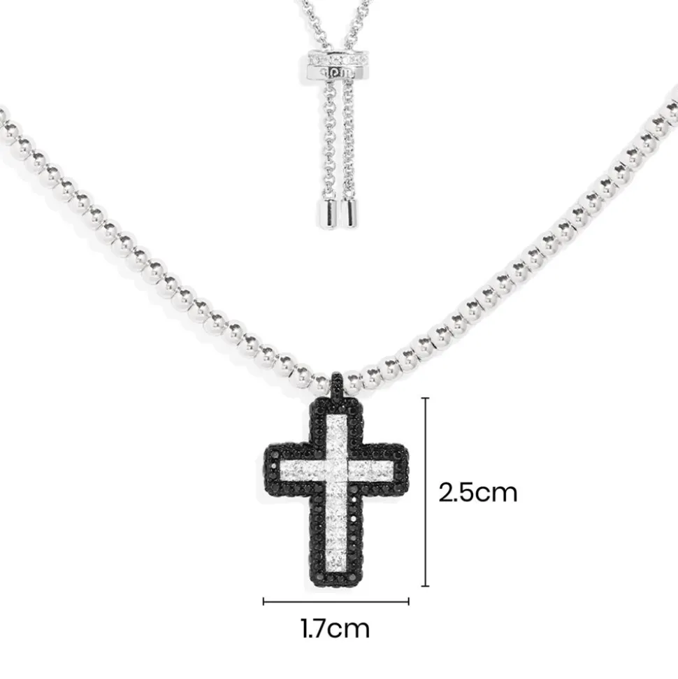 APM Monaco Black Pave Cross Adjustable Necklace With Beads- Necklaces