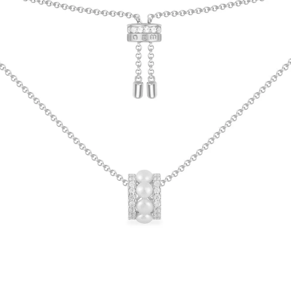 APM Monaco Double Paved Hoop Adjustable Necklace With Pearls- Necklaces