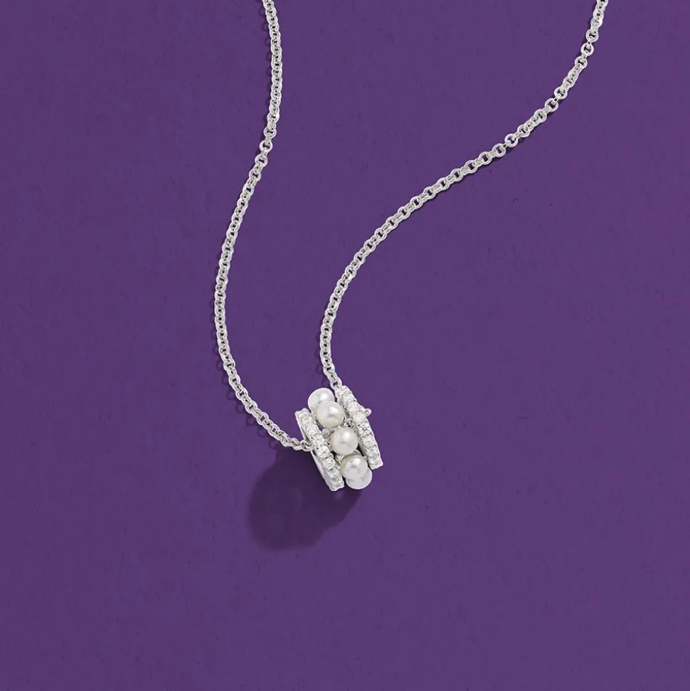 APM Monaco Double Paved Hoop Adjustable Necklace With Pearls- Necklaces