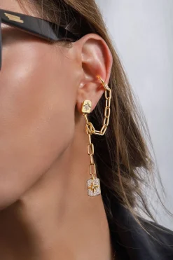 APM Monaco Single Paved Meteorite And Medal Chain Drop Earring With Cuff- Earrings