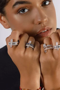 APM Monaco Triple Hoop Safety Pin Ring In Khaki And Blue- Rings